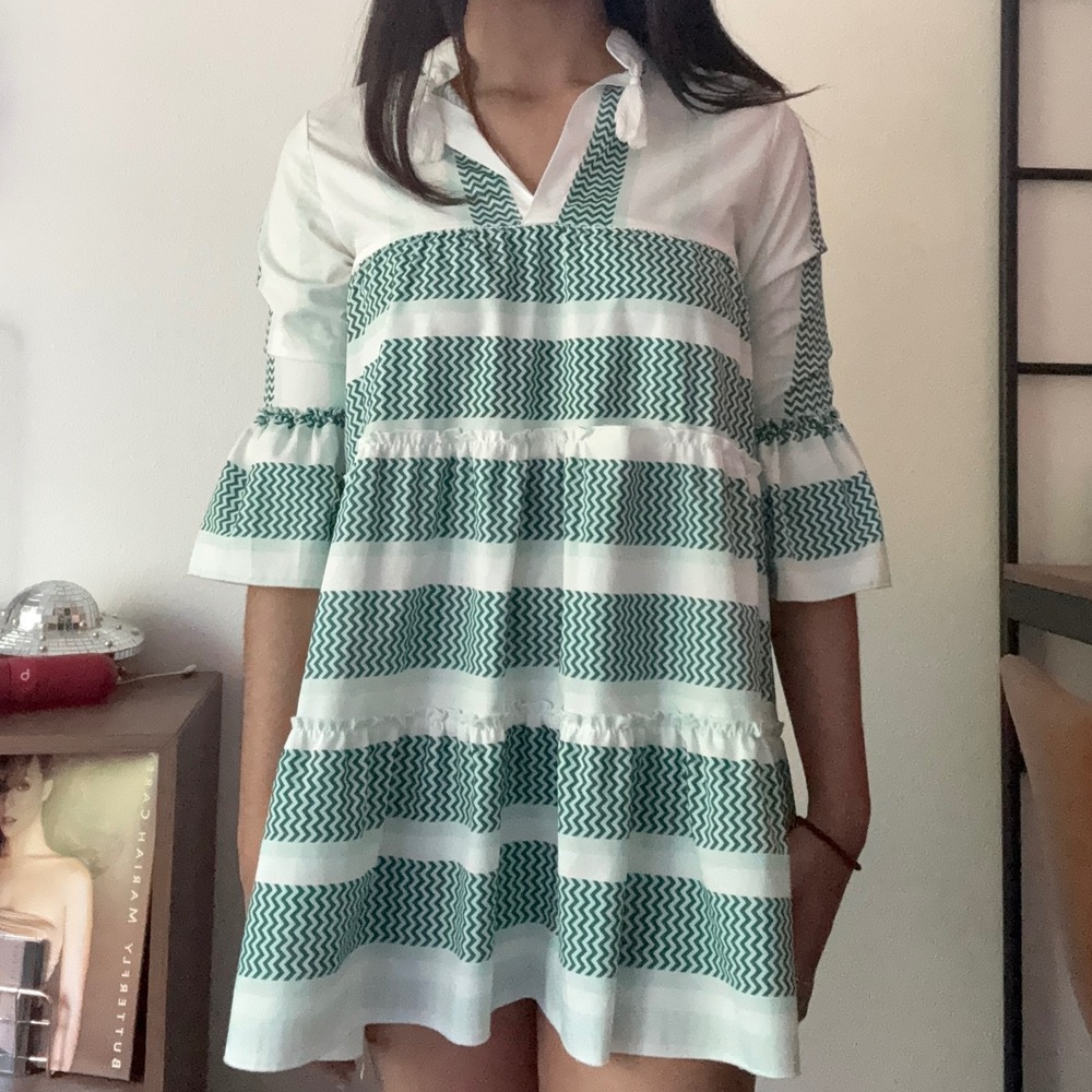 Green White Chevron Striped Tassel Tunic Dress Tiered Ruffle Bell Sleeve Mini - Picture 2 of 6